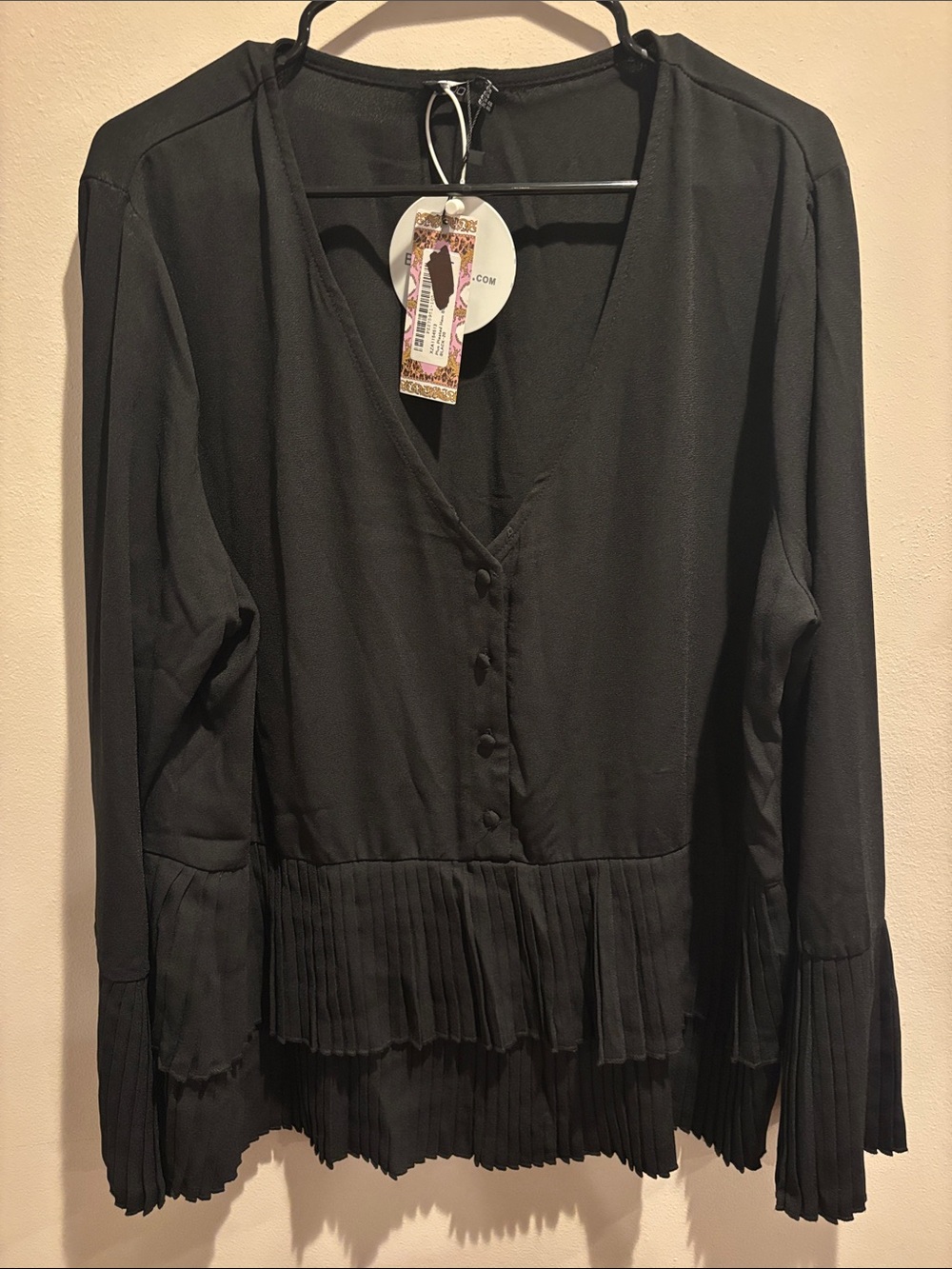 Women’s Black Pleated Hem Button-Front V-Neck Top